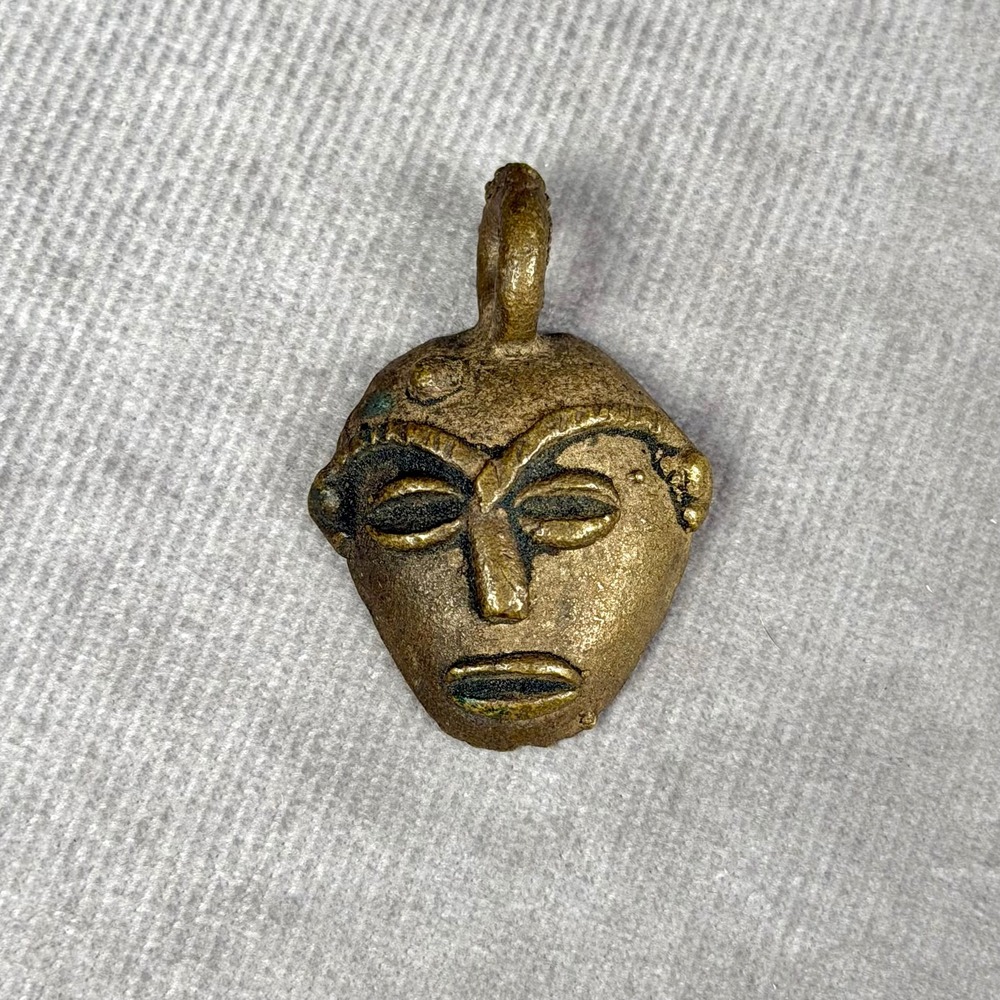 Vintage African Brass Mask Pendant Hand Cast Tribal Face Charm 1.5 Inch